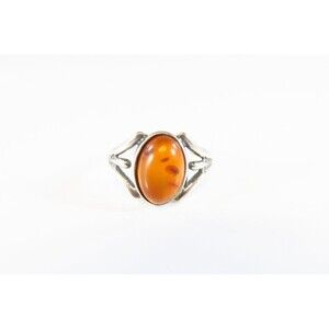 Oval Orange Amber Split Shank Sterling Silver Ring Size 7.25